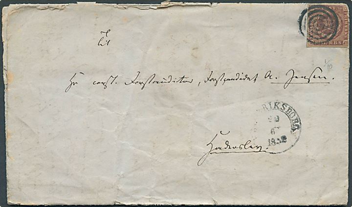 4 R.B.S. Thiele I (nusset) på brev med fuldt indhold annulleret med stumt stempel og sidestemplet 1½ ring Frederiksborg. d. 22.6.1852 til Haderslev. 