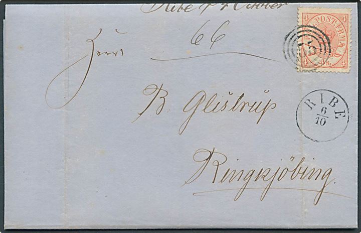 4 sk. Krone/Scepter på brev annulleret med nr.stempel 55 og sidestemplet antiqua Ribe d. 6.10.1866 til Ringkjøbing.