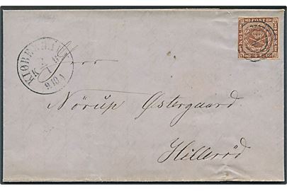 4 sk. 1858 udg. på brev annulleret med nr.stempel 1 og sidestemplet Kiøbenhavn KB d. 2.1.1861 til Hillerød.