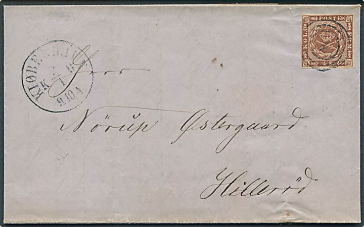 4 sk. 1858 udg. på brev annulleret med nr.stempel 1 og sidestemplet Kiøbenhavn KB d. 2.1.1861 til Hillerød.