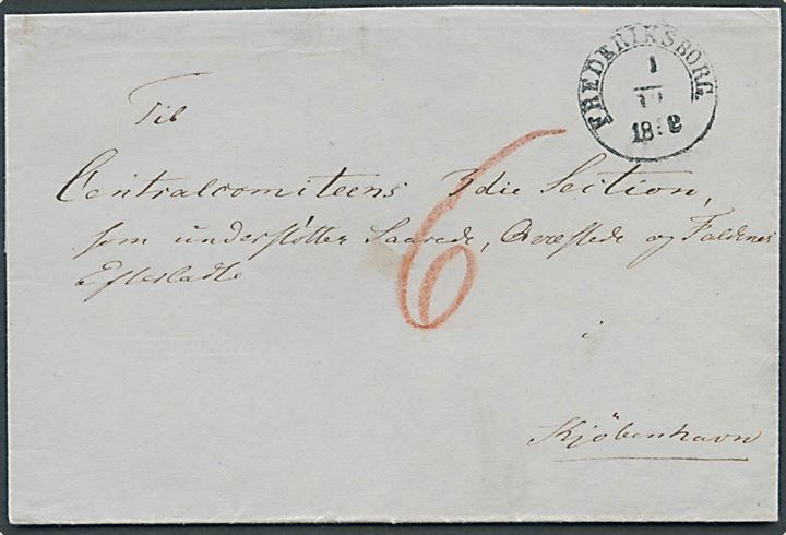 1852. Portobrev med 1½ ringsstempel Frederiksborg. d. 1.10.1852 til Centralcomiteens 3die Section som understøtter Saarede, Qvæstede og Faldnes Efterladte i Kjøbenhavn. Påskrevet 6 sk. porto.