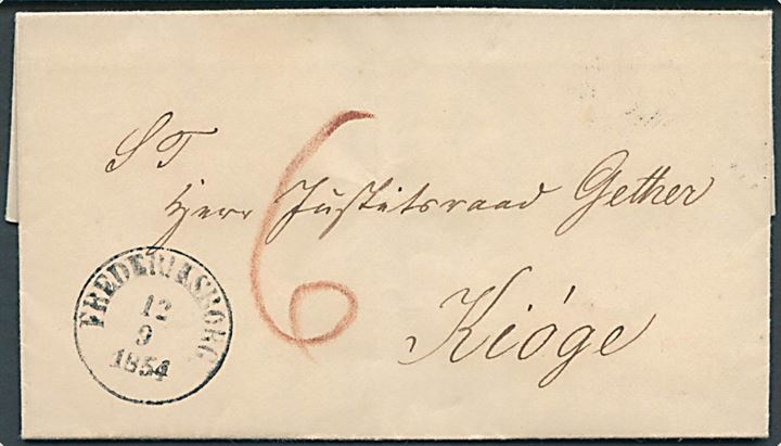 1854. Portobrev med indhold dateret Esbønderup d. 11.9.1854 med antiqua Frederiksborg d. 12.9.1854 til Kjøge. Påskrevet 6 sk. porto.