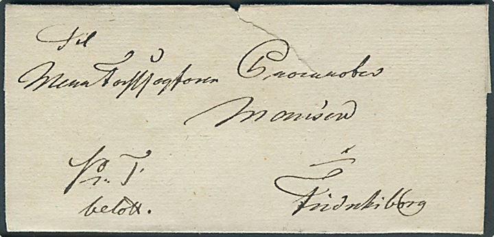 1828. Tjenestebrev mærket K.T. Betalt med indhold dateret d. 18.4.1828 til Frederiksborg. 