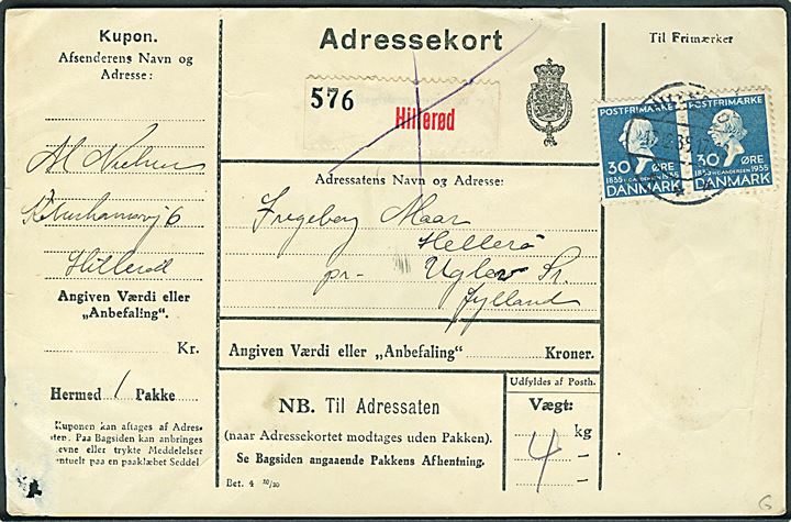 30 øre H. C. Andersen i parstykke på adressekort for pakke fra Hillerød d. 17.12.1936 til Hellerø pr. Uglev St. På bagsiden ank.stemplet med brotype Ic Uglev d. 18.12.1936.