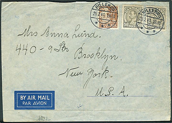 25 øre Karavel og 1 kr. Chr. X (2) på 125 øre frankeret luftpostbrev fra Hillerød d. 25.2.1941 til Brooklyn, USA. Åbnet af tysk censur i Frankfurt.