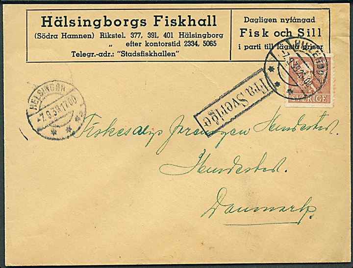 15 öre Linné på brev fra Hälsingborg sendt som skibspost og sidestemplet Fra Sverige og Helsingør d. 7.9.1939 til Hillerød, Danmark. Frimærke først annulleret ved ankomsten til Hillerød d. 7.9.1939.