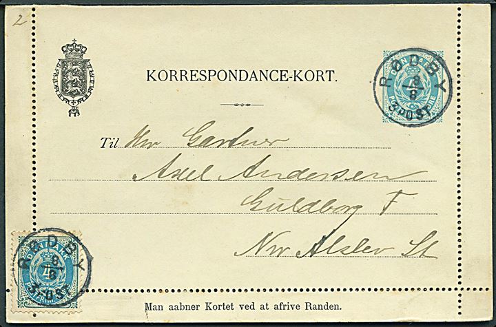 4 øre helsags korrespondancekort med fuld rand opfrankeret med 4 øre Tofarvet annulleret lapidar Rødby d. 8.8.1894 til Guldborg F. pr. Nørre Alslev.