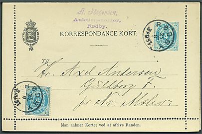 4 øre helsags korrespondancekort med fuld rand opfrankeret med 4 øre Tofarvet omv. rm. annulleret lapidar Rødby d. 23.8.1894 til Guldborg F. pr. Nørre Alslev.