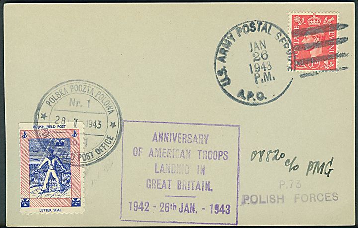 Engelsk 1d George VI på brevkort annulleret med amerikansk feltpoststempel d. 26.1.1943 og påsat polsk eksilpost mærkat stemplet Polish Field Post Office No. 1 d. 28.1.1943 til de polske styrker i England.