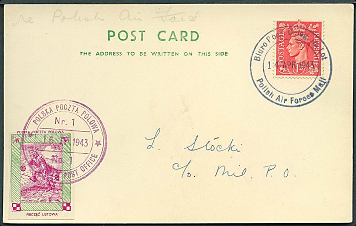 Engelsk 1d George VI på brevkort annulleret med 2-sproget stempel Polish Air Force Mail d. 14.4.1943 og påsat polsk eksilpost mærkat stemplet Polish Field Post Office No. 1 d. 16.4.1943 til de polske styrker i England.