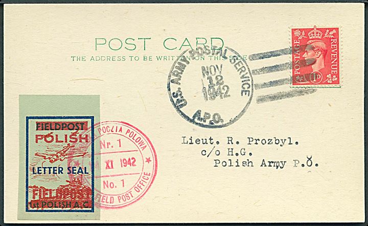 Engelsk 1d George VI på brevkort annulleret med amerikansk feltpoststempel d. 12.11.1942 og påsat polsk eksilpost mærkat stemplet Polish Field Post Office No. 1 d. 14.11.1943 til de polske styrker i England.