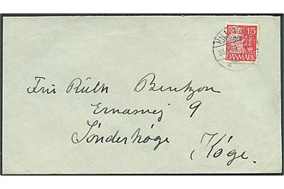15 øre Karavel single på brev annulleret med brotype Id Hillerød d. 30.4.1934 til Køge.