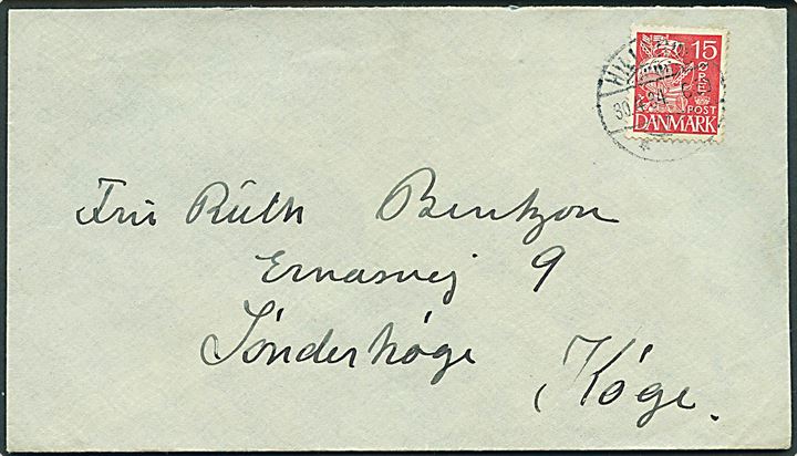 15 øre Karavel single på brev annulleret med brotype Id Hillerød d. 30.4.1934 til Køge.