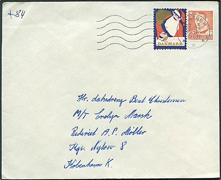 30 øre Fr. IX og Julemærke 1958 på brev fra Kastrup d. 15.12.1958 til sømand ombord på M/T Evelyn Mærsk via rederiet A.P.Møller, København. Eftersendt til skibet i samlekuvert.
