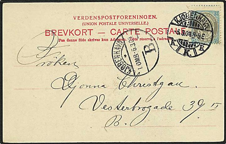 3 øre Tofarvet - skævt centreret - på lokalt brevkort i Kjøbenhavn d. 5.3.1904.
