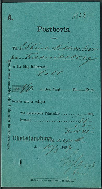 Postbevis fra Christianshavn d. 10.3.1884 for afsendelse af 40 kr. til Esbønderup-Nøddebo Sogne pr. Frederiksborg.