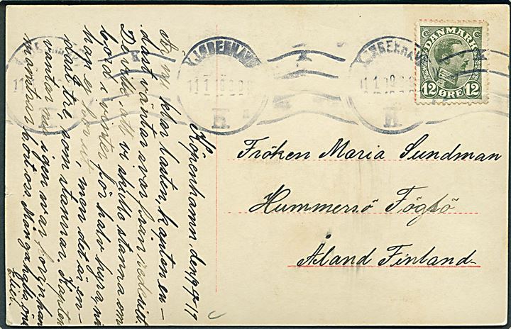 12 øre Chr. X på brevkort fra Kjøbenhavn d. 11.1.1919 til Hummersø, Fögsö, Åland, Finland.