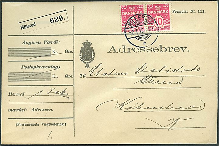 10 øre Bølgelinie i parstykke på adressebrev fra Hillerød d. 2.1.1913 til København.