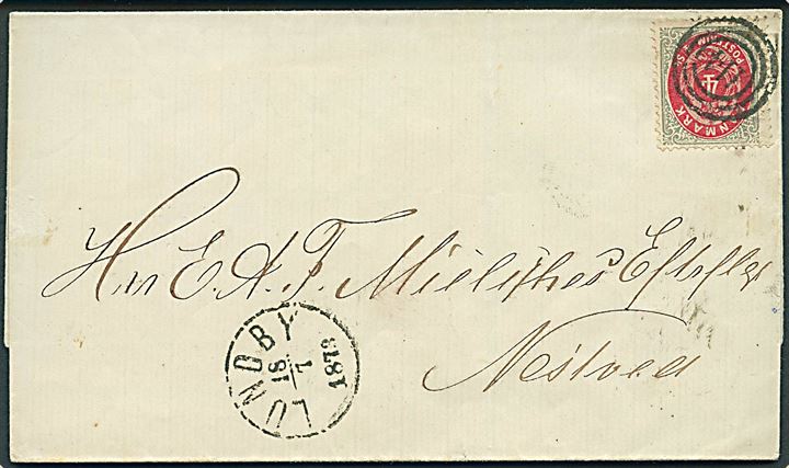 4 sk. Tofarvet på brev annulleret med nr.stempel 114 og sidestemplet lapidar VI Lundby d. 18.7.1873 til Næstved.