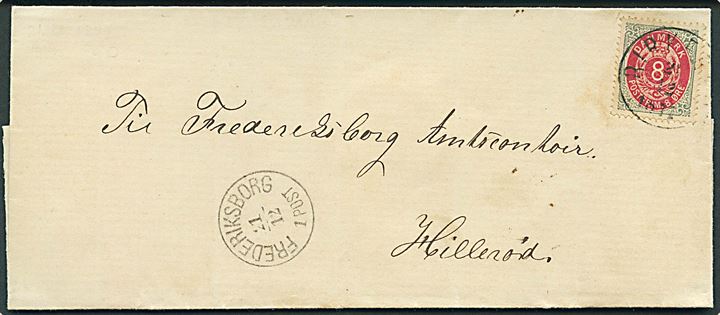 8 øre Tofarvet på brev fra Farum Sogneraad annulleret med lapidar VI Birkerød d. 21.12.1877 til Frederiksborg.