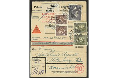 Böhmen-Mähren. 1 k. (par), 3 k. (par) og 20 k. Hitler udg. på 28 h. frankeret adressekort for opkrævningspakke fra Prag d. 5.12.1944 til Altenburg, Tyskland. 2 mærker yderligt placeret.
