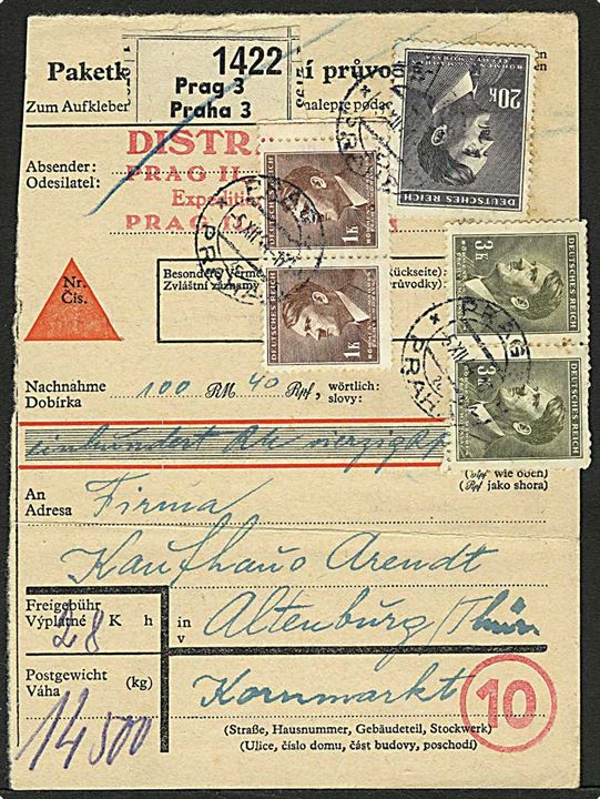 Böhmen-Mähren. 1 k. (par), 3 k. (par) og 20 k. Hitler udg. på 28 h. frankeret adressekort for opkrævningspakke fra Prag d. 5.12.1944 til Altenburg, Tyskland. 2 mærker yderligt placeret.