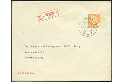 80 øre Fr. IX single på anbefalet brev fra Hillerød d. 23.4.1958 til København.