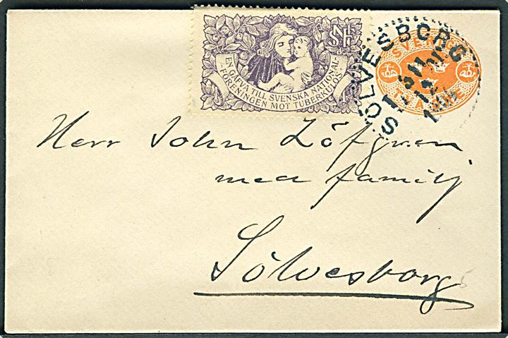 2 öre helsagskuvert med Julemærke sendt lokalt i Sölvesborg d. 31.12.1904.