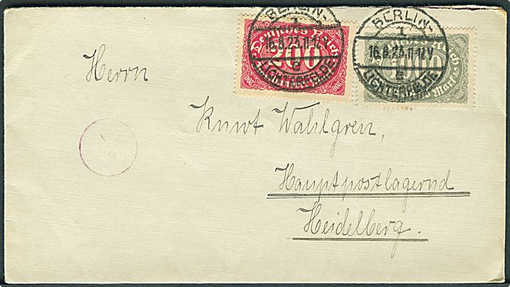 200 mk. og 1000 mk. Ciffer på inflabrev fra Berlin d. 16.8.1923 til Hauptpostlagernd (= Poste restante) i Heidelberg.