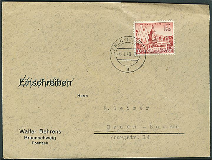 12 pfg. Leipziger Messe single på brev fra Braunschweig d. 5.4.1940 til Baden-Baden.