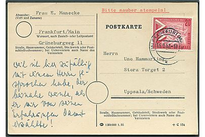 20 pfg. Interbau single på brevkort fra Frankfurt d. 15.9.1957 til Uppsala, Sverige.