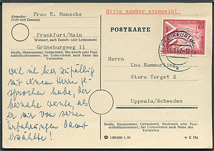 20 pfg. Interbau single på brevkort fra Frankfurt d. 15.9.1957 til Uppsala, Sverige.