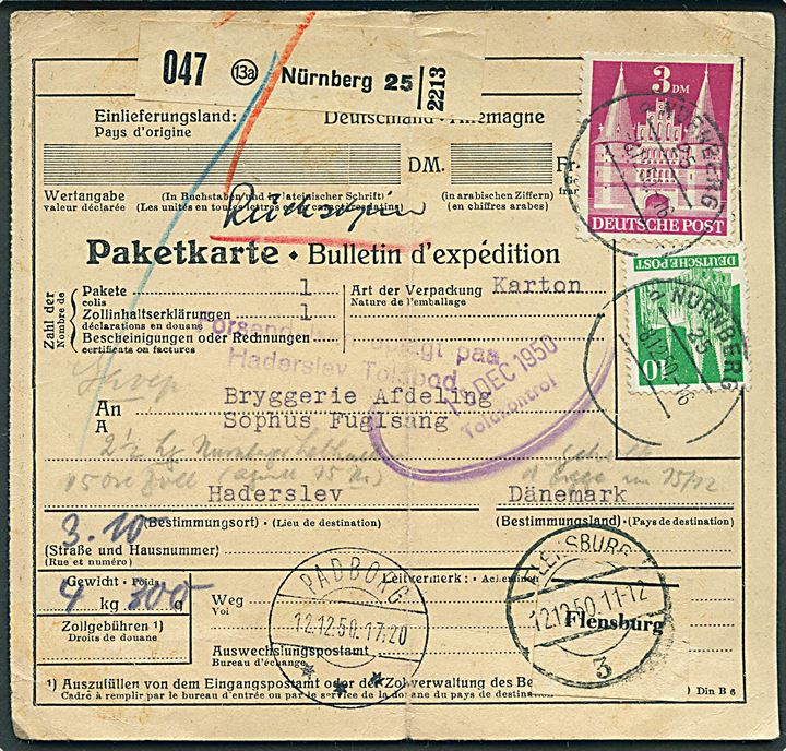 10 pfg. Kölner Dom og 3 mk. Holstentor på internationalt adressekort for pakke fra Nürnberg d. 8.12.1950 via Flensburg og Padborg til Haderslev, Danmark. 