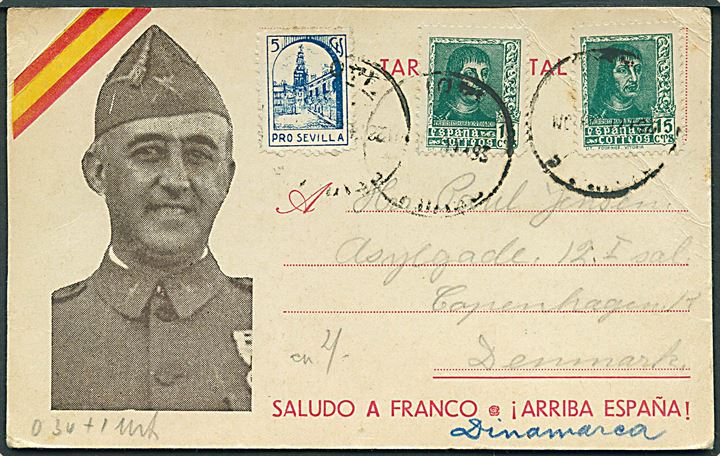 15 cts (2) og 5 cts Pro Sevilla på illustreret propaganda brevkort med General Franco fra Sevilla d. 26.2.1936 til København, Danmark. Uden censur.