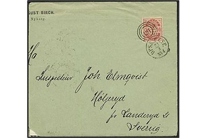 10 øre Våben single på skibsbrev fra Nyborg annulleret med LUKSUS kombineret nr.stempel 191/DPSK.P.EXP No.4 d. 23.3.1892 til Höljeryd, Sverige. Beskåret i venstre side.