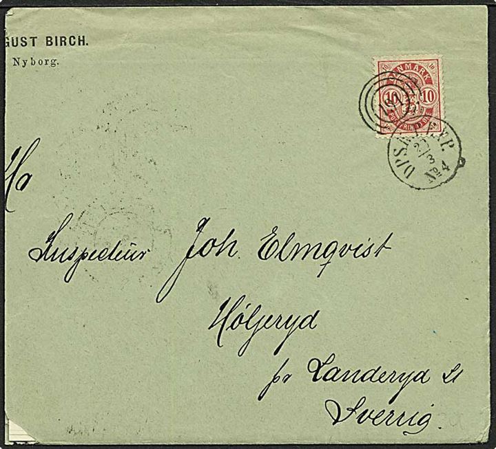 10 øre Våben single på skibsbrev fra Nyborg annulleret med LUKSUS kombineret nr.stempel 191/DPSK.P.EXP No.4 d. 23.3.1892 til Höljeryd, Sverige. Beskåret i venstre side.