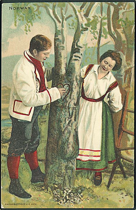 Norway. Mand snitter hjerte i træet. Kvinden kigger. J. F. Eftf. u/no. 