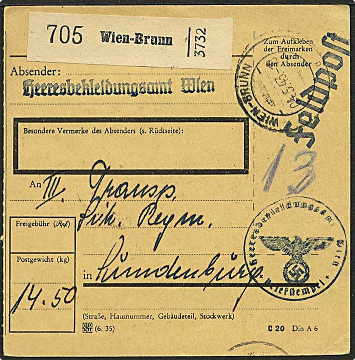 Ufrankeret adressekort for feltpost pakke fra Wien-Brunn d. 4.5.1943 til Lundenburg. Fra Heeresbekleidungsamt Wien med briefstempel.