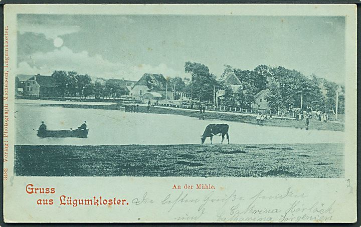 Løgumkloster, Hilsen fra med parti fra møllen. Michelsen nr. 3482. Frankeret med 5 pfg. Ciffer annulleret med enringsstempel Lügumkloster d. 24.08.1899 via Tondern til Döstrup.