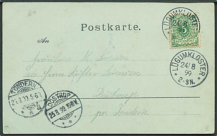 Løgumkloster, Hilsen fra med parti fra møllen. Michelsen nr. 3482. Frankeret med 5 pfg. Ciffer annulleret med enringsstempel Lügumkloster d. 24.08.1899 via Tondern til Döstrup.