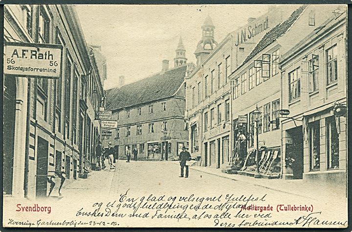 Svendborg, Møllegade (Tullebrinken) med flere forretninger bla. A. F. Raths Skotøjsforretning. A. Vincent nr. 620.