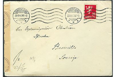20 øre Løve på brev fra Sandefjord d. 23.7.1942 til Bromölla, Sverige. Åbnet af tysk censur i Oslo.