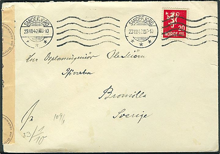 20 øre Løve på brev fra Sandefjord d. 23.7.1942 til Bromölla, Sverige. Åbnet af tysk censur i Oslo.