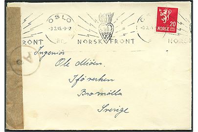20 øre Løve på brev annulleret med TMS Norsk Front/Oslo d. 3.3.1945 til Bromölla, Sverige. Åbnet af tysk censur i Oslo med neutral banderole stemplet Ao.