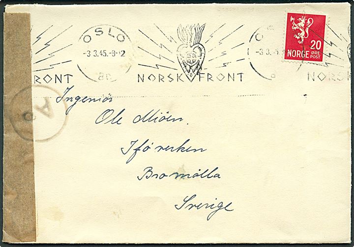 20 øre Løve på brev annulleret med TMS Norsk Front/Oslo d. 3.3.1945 til Bromölla, Sverige. Åbnet af tysk censur i Oslo med neutral banderole stemplet Ao.