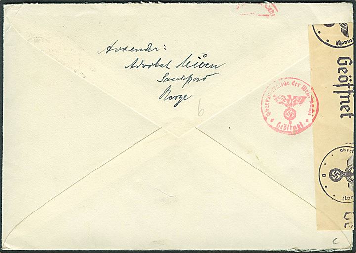 20 øre Løve på brev fra Sandefjord d. 30.11.1942 til Bromölla, Sverige. Åbnet af tysk censur i Oslo.