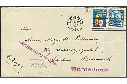 5 cents Roosevelt og Julemærke 1924 (fold) på brev fra Brooklyn d. 10.12.1924 til Aarhus, Danmark. Returneret med stempel: Unmailable. Fold og bagklap mgl.