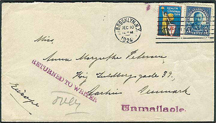 5 cents Roosevelt og Julemærke 1924 (fold) på brev fra Brooklyn d. 10.12.1924 til Aarhus, Danmark. Returneret med stempel: Unmailable. Fold og bagklap mgl.