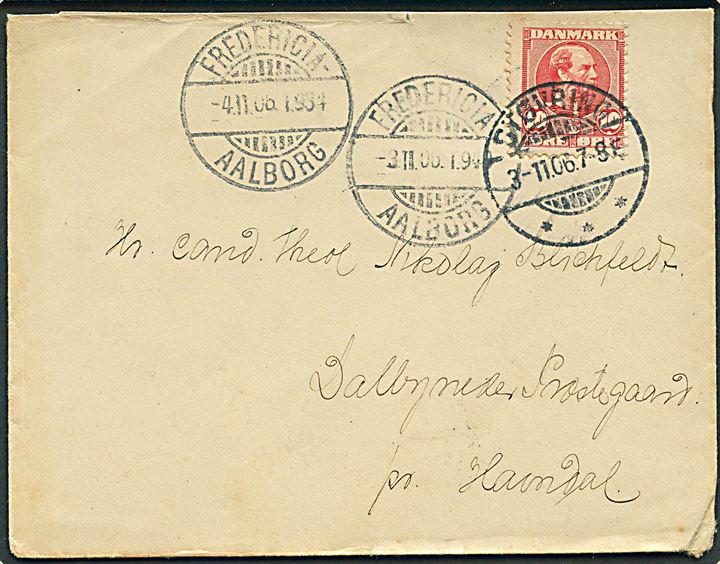 10 øre Chr. IX på brev fra Støvring d. 3.11.1906 til Dalbynedre præstegaard pr. Havndal. Transit stemplet med bureaustempler Fredericia - Aalborg T.940 d. 3.11.1906 og T.934 d. 4.11.1906.