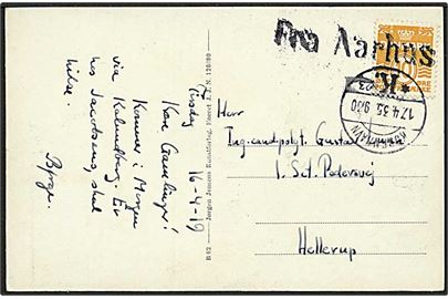 10 øre Bølgelinie på brevkort fra Aarhus annulleret med skibsstempel Fra Aarhus og sidestemplet København K. d. 17.4.1935 til Hellerup.
